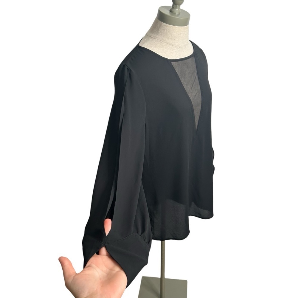 Express Black Mesh Insert Deep V-Neck Split Sleeve Tunic Blouse Women’s Small - Picture 3 of 7